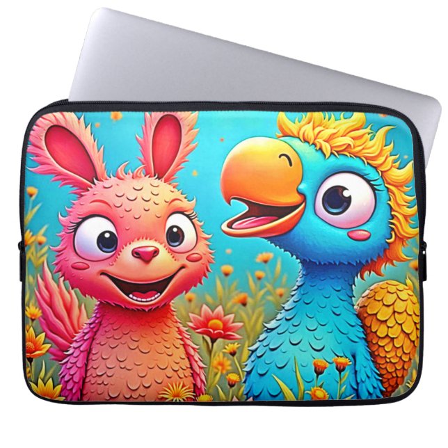 Cute Cartoon Parrot Bunny Art Laptop Sleeve (Voorkant)