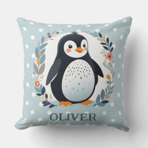 Cute Cartoon Penguin and Flowers  Kussen