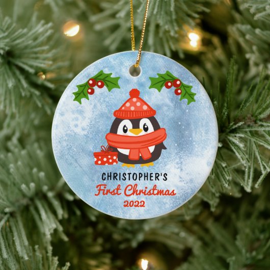 Cute Cartoon Penguin Baby's eerste kerstfoto Keramisch Ornament (Boom)