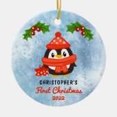 Cute Cartoon Penguin Baby's eerste kerstfoto Keramisch Ornament (Voorkant)