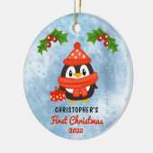 Cute Cartoon Penguin Baby's eerste kerstfoto Keramisch Ornament (Links)