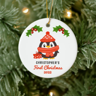 Cute Cartoon Penguin Baby's eerste kerstfoto Keramisch Ornament