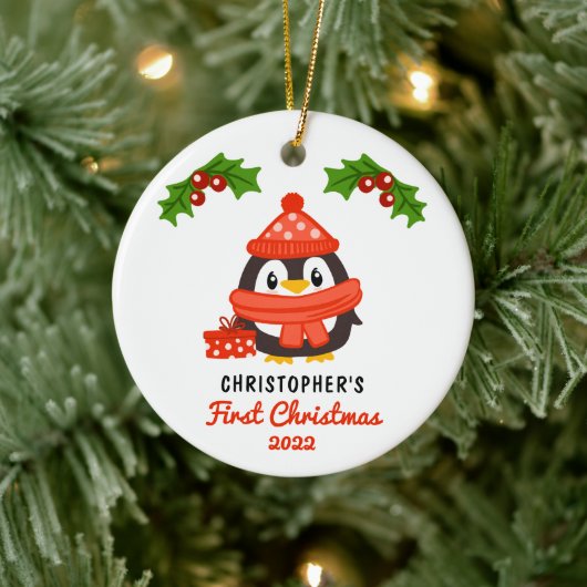 Cute Cartoon Penguin Baby's eerste kerstfoto Keramisch Ornament (Boom)