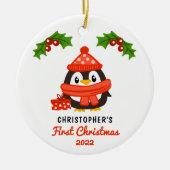 Cute Cartoon Penguin Baby's eerste kerstfoto Keramisch Ornament (Voorkant)