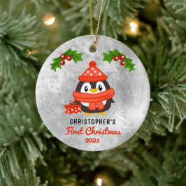 Cute Cartoon Penguin Baby's eerste kerstfoto Keramisch Ornament