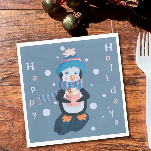 Cute Cartoon Penguin Blue Holidays Paper Napkin Servet