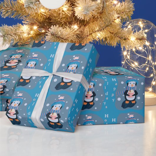 Cute Cartoon Penguin Blue Holidays Wrapping Paper Cadeaupapier (Feestdagen)