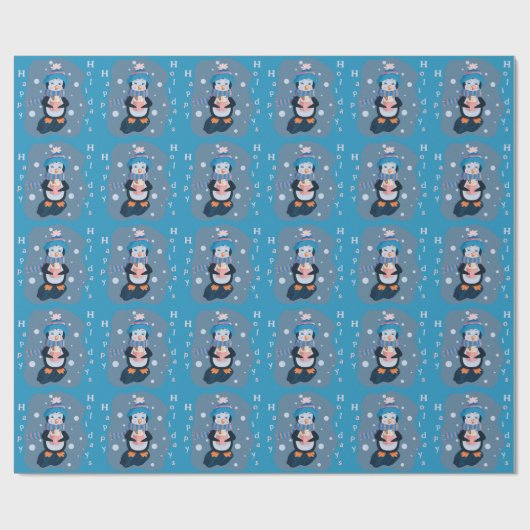 Cute Cartoon Penguin Blue Holidays Wrapping Paper Cadeaupapier (Vlak)