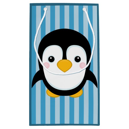 Cute Cartoon Penguin Design Blue Stripes Pattern Klein Cadeauzakje (Achterkant)