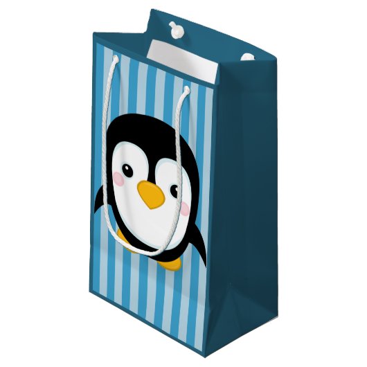 Cute Cartoon Penguin Design Blue Stripes Pattern Klein Cadeauzakje (Voorkant Gekanteld)