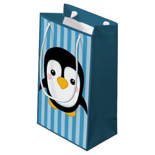 Cute Cartoon Penguin Design Blue Stripes Pattern Klein Cadeauzakje (Achterkant Gekanteld)