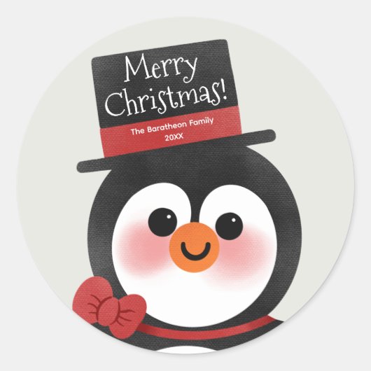 Cute Cartoon Penguin Family Merry Kerstmis Ronde Sticker (Voorkant)