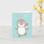 Cute Cartoon Penguin I Love You Turquoise Card Kaart (Gele Bloem)