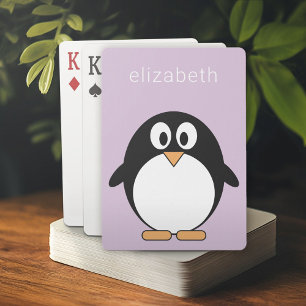 Cute Cartoon Penguin Pastel Paars Modern Name Pokerkaarten