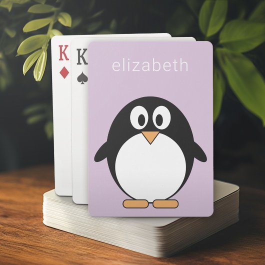 Cute Cartoon Penguin Pastel Paars Modern Name Pokerkaarten
