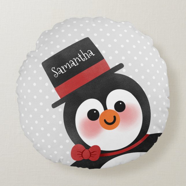 Cute Cartoon Penguin Persoonlijke naam Rond Kussen (Voorkant)