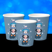 Cute Cartoon Penguin with Hot Cocoa Blue Paper Cup Papieren Bekers