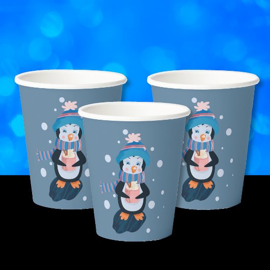 Cute Cartoon Penguin with Hot Cocoa Blue Paper Cup Papieren Bekers