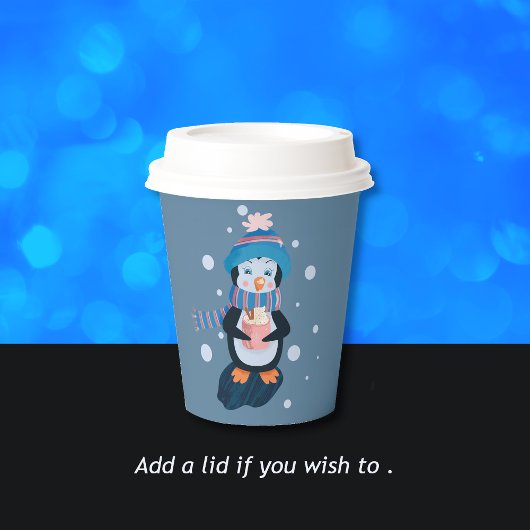 Cute Cartoon Penguin with Hot Cocoa Blue Paper Cup Papieren Bekers