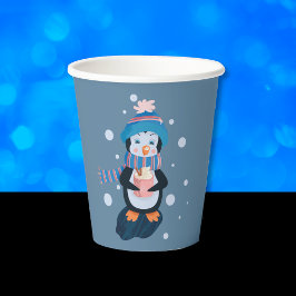 Cute Cartoon Penguin with Hot Cocoa Blue Paper Cup Papieren Bekers