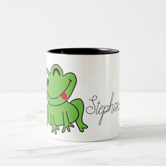 Cute Cartoon Personalized Green Frog Tweekleurige Koffiemok (Center)