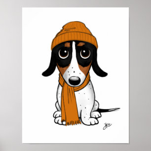 Cute Cartoon Piebald Dachshund met Beanie Poster