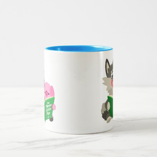 Cute Cartoon pig en Wolf die samen Mok lezen (Center)