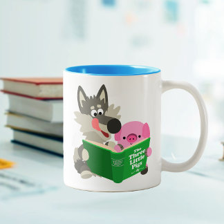 Cute Cartoon pig en Wolf die samen Mok lezen