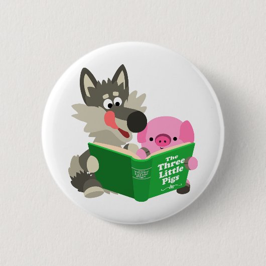 Cute Cartoon Pig. en Wolf Reading Button Badge (Voorkant)