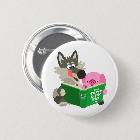 Cute Cartoon Pig. en Wolf Reading Button Badge (Voorkant /achterkant)