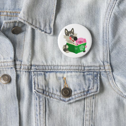 Cute Cartoon Pig. en Wolf Reading Button Badge (In situ)