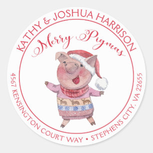Cute Cartoon Pig Merry Pigmas Return Address Ronde Sticker