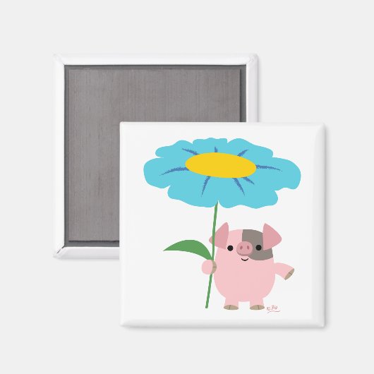 Cute Cartoon pig met Gift (Blue) Magnet (Voorkant / Achterkant)