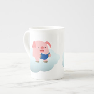 Cute Cartoon Pig Reader on Cloud Bone China Mok