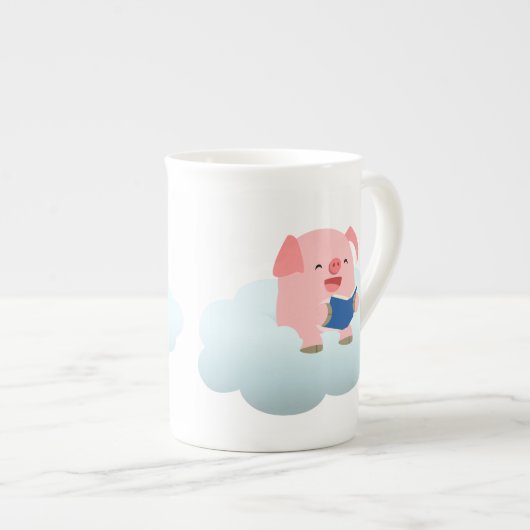 Cute Cartoon Pig Reader on Cloud Bone China Mok (Voorkant rechts)