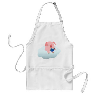 Cute Cartoon Pig Reader op Cloud Apron Standaard Schort