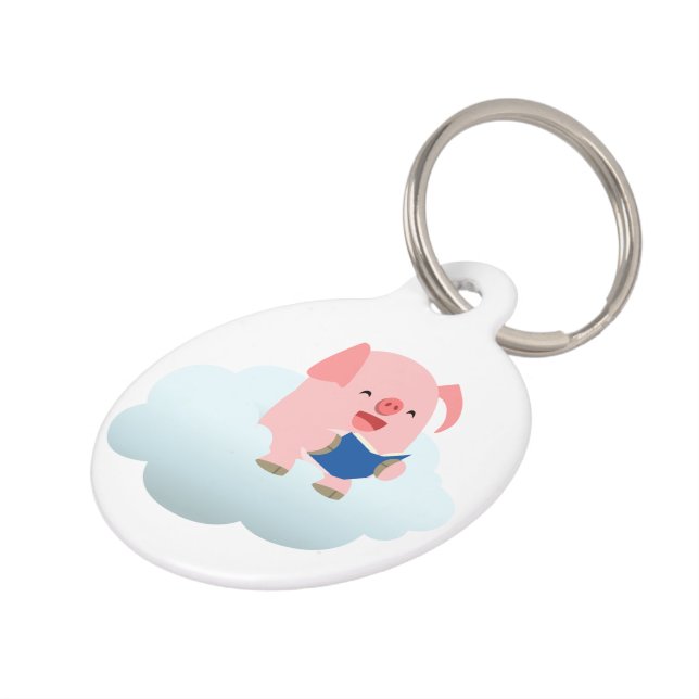 Cute Cartoon Pig Reader op Cloud Dog Label Huisdierpenning (Zijkant)