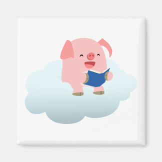 Cute Cartoon Pig Reader op Cloud Magnet