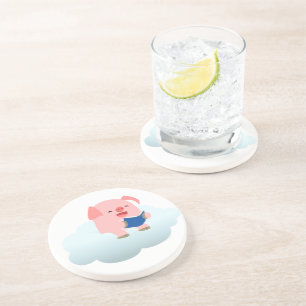Cute Cartoon Pig Reader op Cloud Onderzetter