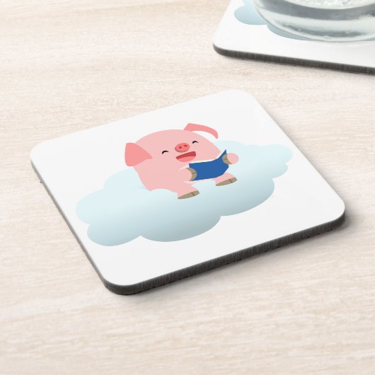 Cute Cartoon Pig Reader op Cloud Onderzetters Set (Linkerzijde)