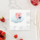 Cute Cartoon Pig Reader op Cloud Paper Napkins Servetten (Insitu)