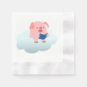Cute Cartoon Pig Reader op Cloud Paper Napkins Servetten