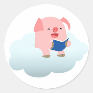 Cute Cartoon Pig Reader op Cloud Sticker