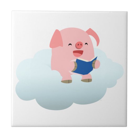 Cute Cartoon Pig Reader op Cloud Tile Tegeltje (Voorkant)