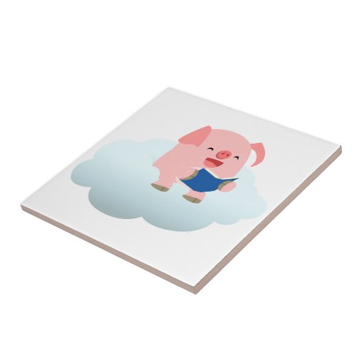Cute Cartoon Pig Reader op Cloud Tile Tegeltje (Zijkant)
