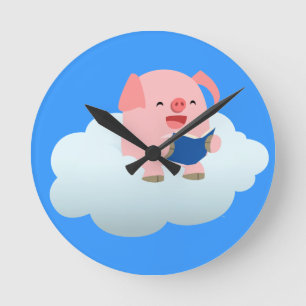 Cute Cartoon Pig Reader op Cloud Wall Clock Ronde Klok