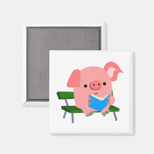 Cute Cartoon Pig Reading on a Bench Magnet (Voorkant / Achterkant)
