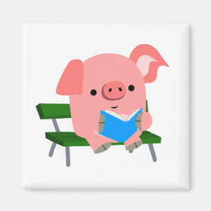 Cute Cartoon Pig Reading on a Bench Magnet
