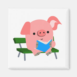 Cute Cartoon Pig Reading on a Bench Magnet