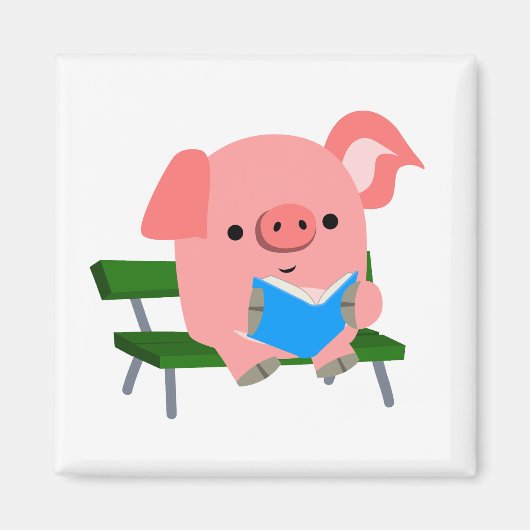 Cute Cartoon Pig Reading on a Bench Magnet (Voorkant)
